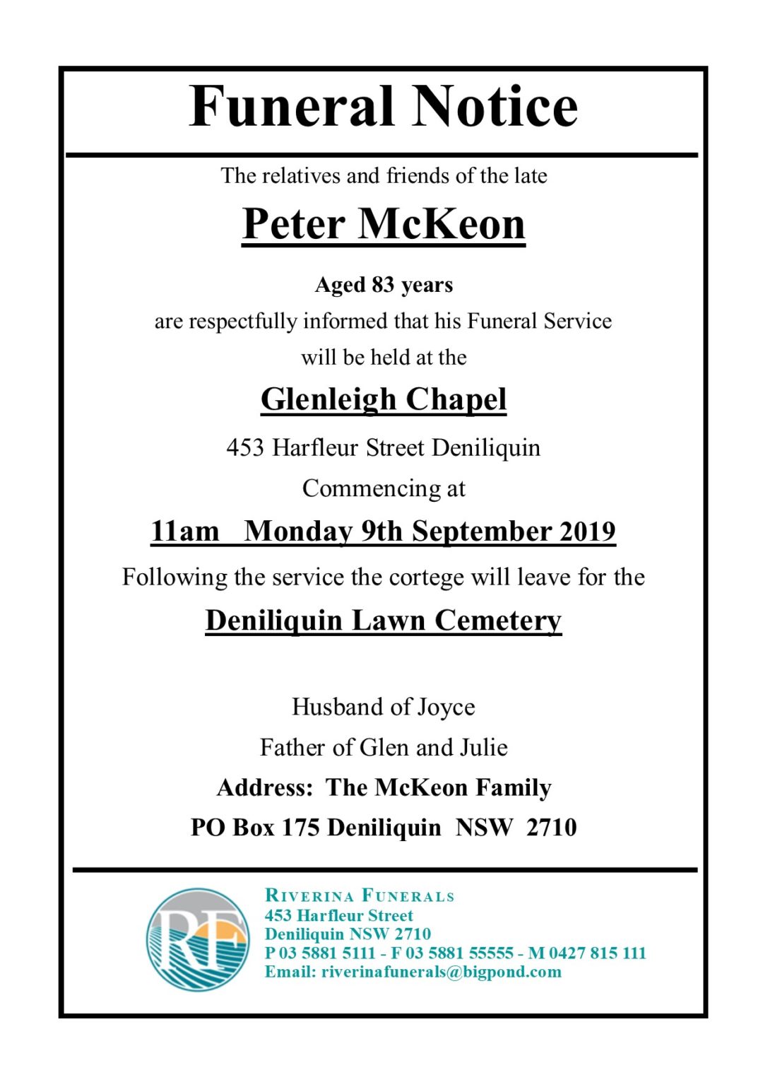 Peter McKeon - Chapel Lawn Hanging Notice - Riverina Funerals