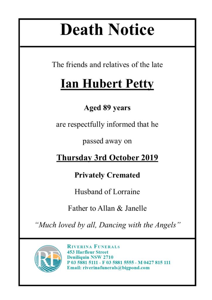 Ian Petty Death Notice Riverina Funerals