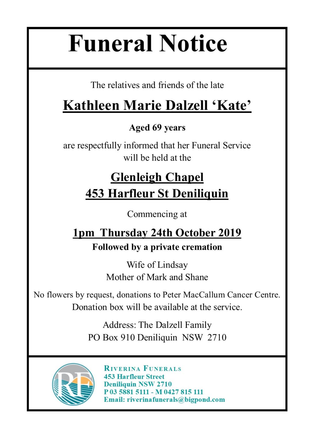 Kathleen Dalzell - Chapel Cremation Hanging Notice - Riverina Funerals