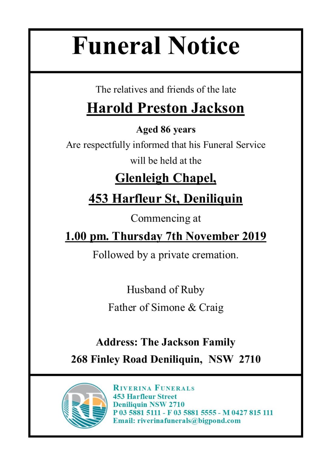 Harold Jackson - Chapel Cremation Hanging Notice - Riverina Funerals