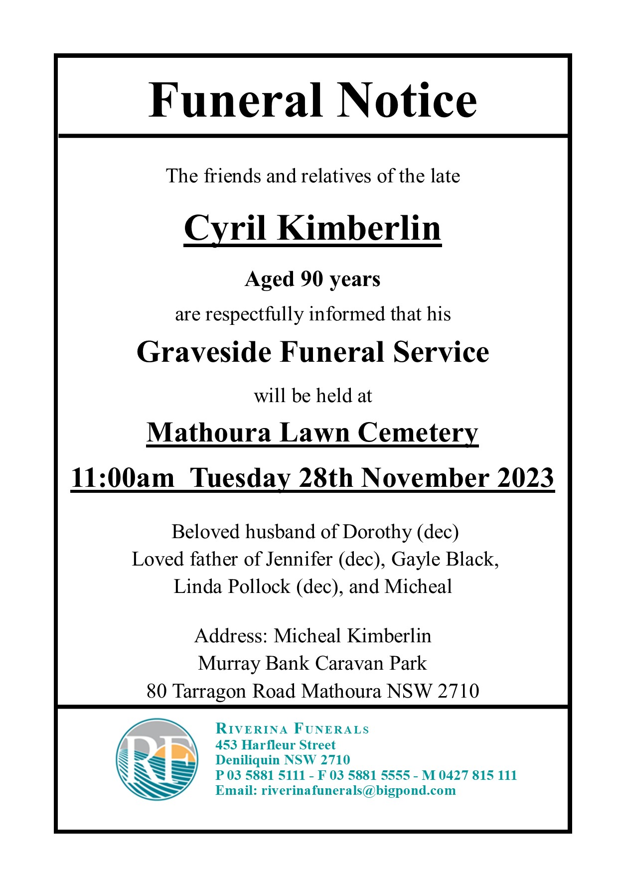 Death & Funeral Notices - Riverina Funerals